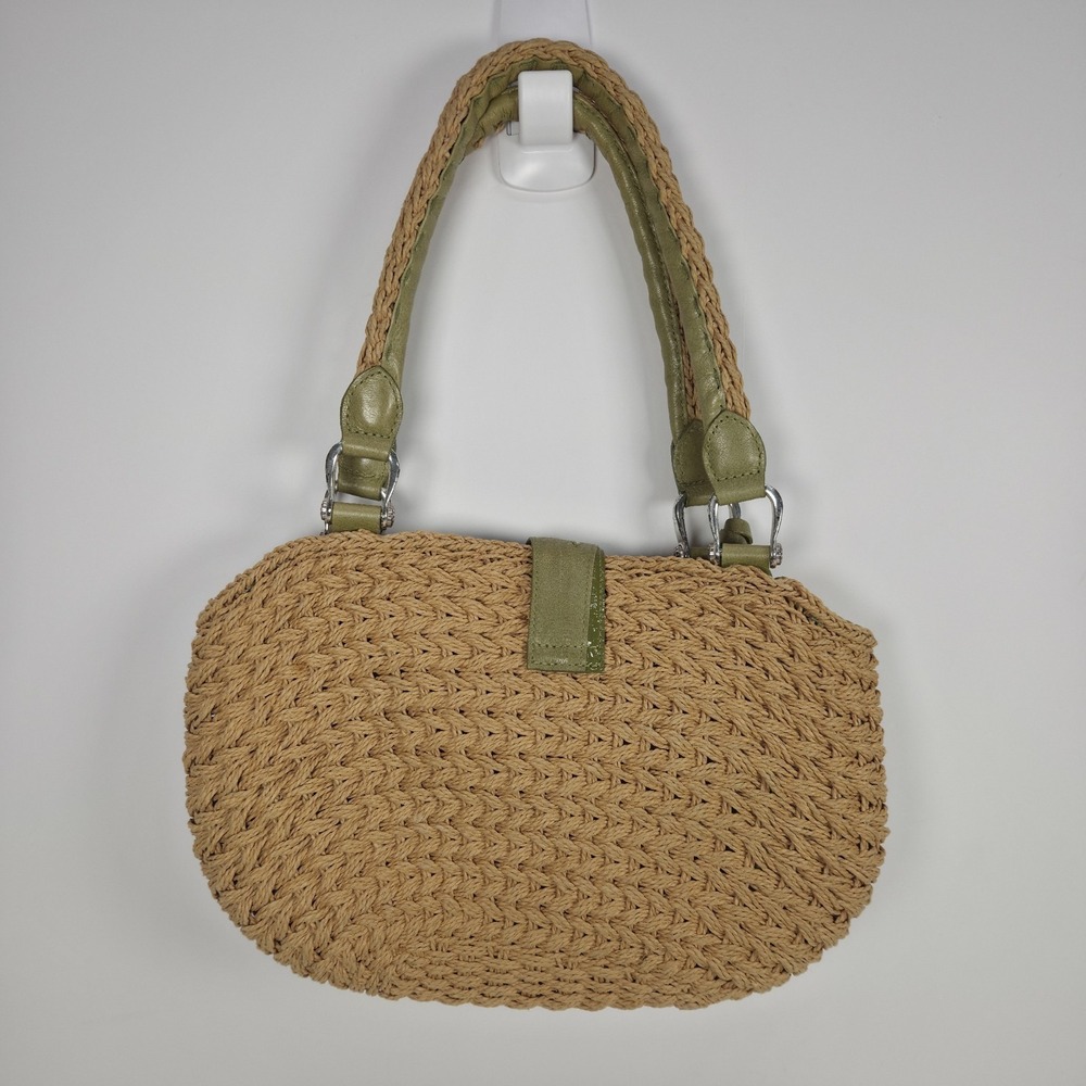 Brighton Shoulder Bag Tan Wicker Pink Leather Flower Accent Top Carry Handles - Picture 2 of 16